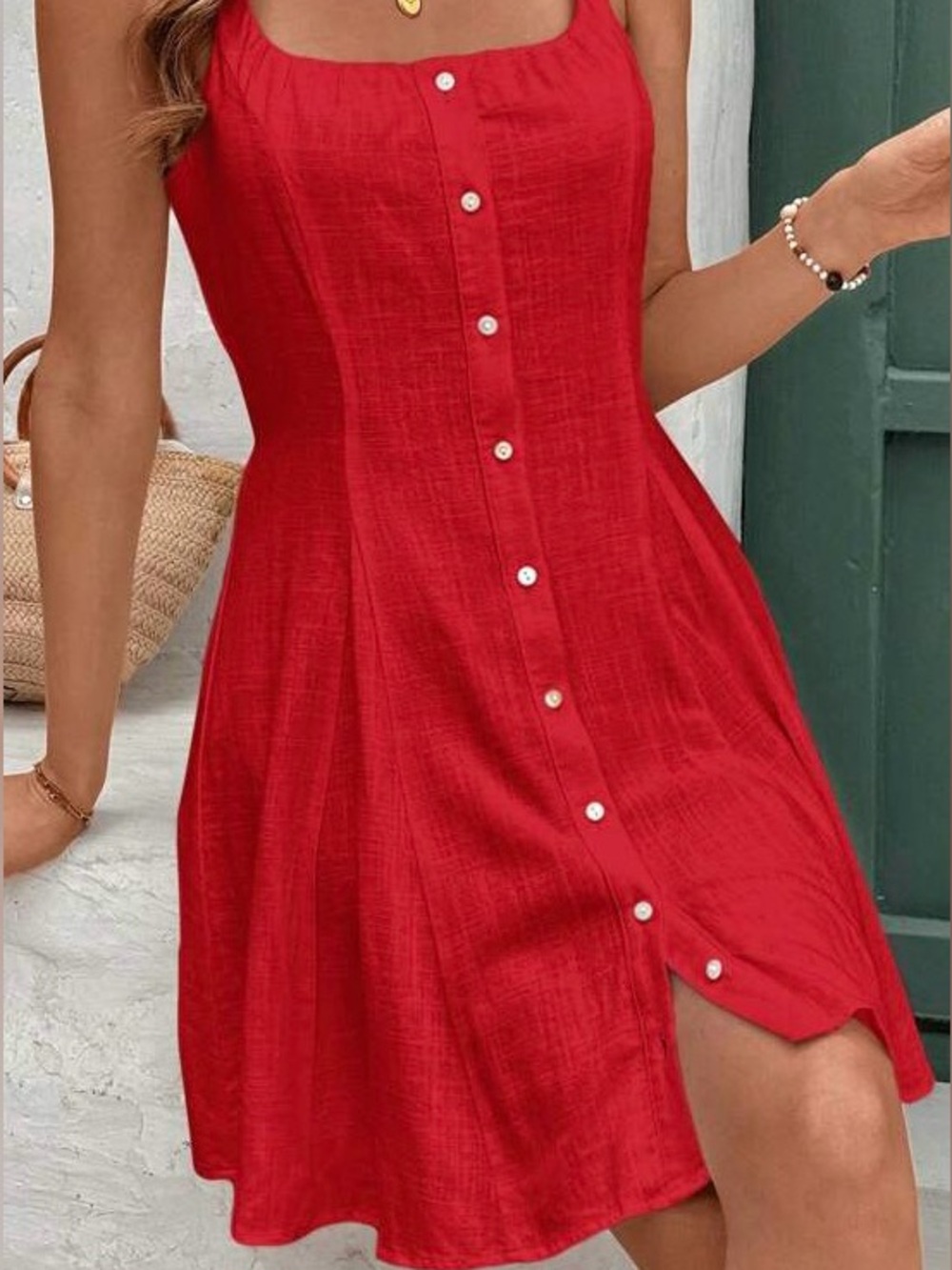 Red Button-Front Sundress with Square Neckline
